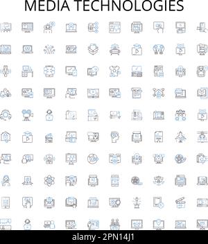 Medientechnologien sind eine Übersicht über die Symbolsammlung. Multimedia, Rundfunk, Streaming, Video, Audio, Grafiken, Webcast-Vektorbildsatz. Internet Stock Vektor