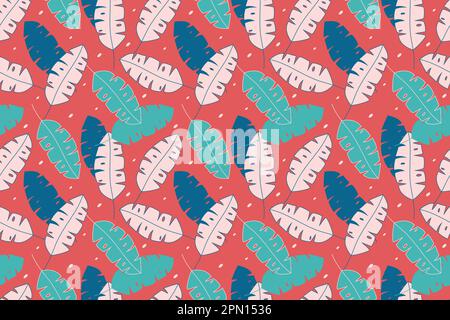 Nahtloses Blumenmuster mit Blättern. Blaue und türkisfarbene Frühlingsblätter im roten Hintergrund. Blühender Ziergarten im Sommer. Skandinavischer Stil. Vektordarstellung Stock Vektor