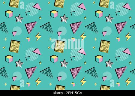 Hintergrund von Memphis. Retro-Hintergrund mit verschiedenen Farbfiguren für Poster oder Karten. Abstrakter hintergrund aus memphis mit bunten geometrischen Figuren für dein Design. Vektortextur. Vektordarstellung Stock Vektor
