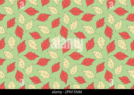 Nahtloses rot-gelbes Muster mit Blumen auf grünem Hintergrund. Handgezeichnete Vektordarstellung. Einfache farbige Herbstkritzeleien für Modedesign und Stoffhintergrund. Stock Vektor