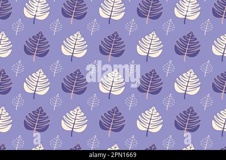 Nahtloses Blumenmuster mit exotischen Blättern, moderner Hintergrund. Tropische violette und weiße Äste. Modevektordarstellung für Tapeten, Poster, Karten, Stoff, Textilien. Vektordarstellung Stock Vektor