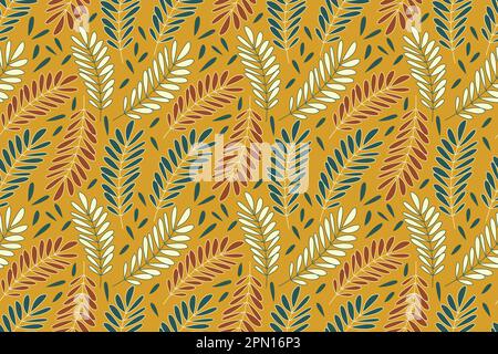 Luxuriöser goldener Naturvektor mit gelbem Hintergrund. Handgezeichnetes Umriss-Design. Tapetenmuster mit Blumenmuster. Goldene Wacholderpflanzenkunst. Stoffdesign im russischen Stil. Vektordarstellung. Stock Vektor