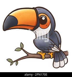 Eine bezaubernde und farbenfrohe Zeichentrickdarstellung eines Tukans auf einem Baumzweig. Stock Vektor