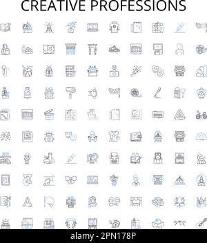Kreative Berufe umreißen die Icons-Sammlung. Künstler, Fotograf, Designer, Architekt, Autor, Sänger, Bildhauer, Vektorbildner. Animator Stock Vektor