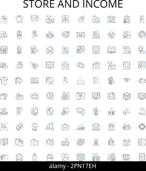 Symbolsammlung für Filialen und Einkommen. Store, Income, Revenue, Sales, Profit, Rand, Markup-Vektor-Zeichnungssatz. Kosten, Preise, Wert linear Stock Vektor