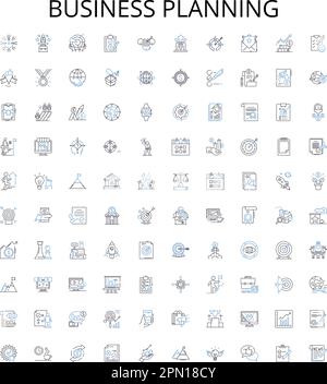Symbolsammlung für die Gliederung der Geschäftsplanung. Planung, Geschäft, Strategien, Ziele, Finanzen, Entwicklung, Analysenvektor-Zeichnungssatz. Marketing Stock Vektor