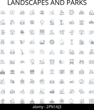 Landschaften und Parks umreißen die Ikonensammlung. Landschaften, Parks, Grünflächen, Wanderwege, Natur, Bäume, Vektorbildungs-Set im Freien. Malerisch, Vistas Stock Vektor