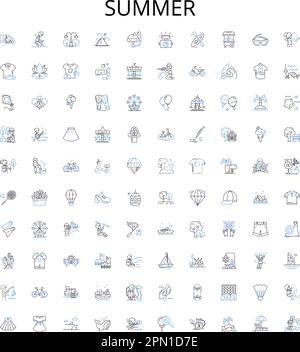 Sommer Outline Icons Kollektion. Sonne, Hitze, Urlaub, Sonnenbrand, Strand, Picknick, Pool-Vektor-Zeichnungsset. Lineare Schilder für Ozean, Grill, Eiscreme Stock Vektor