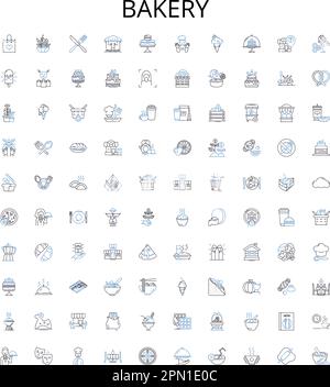Bakery Outline Icons Kollektion. Brot, Gebäck, Kuchen, Muffin, Croissants, Bagel, Donut-Vektor-Zeichnungsset. Kekse, Kekse, Scone lineare Schilder Stock Vektor