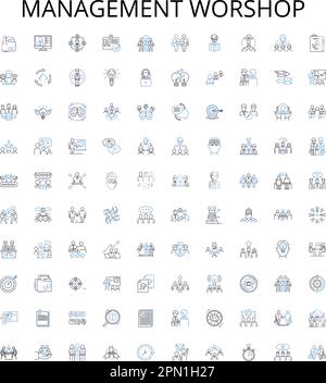 Symbolsammlung für Management Worshop Outline. Management, Workshop, Schulung, Schule, Seminar, Kurs, Leadership Vector Illustrationssatz. Strategie Stock Vektor