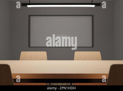 Konferenzraum oder kompakter Klassenraum, Fokus auf den Tisch, 3D-Rendering. Konferenzraum für Büros oder Bildungseinrichtungen mit Whiteboard Stockfoto
