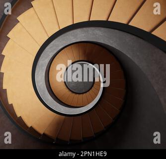 Draufsicht der Wendeltreppe, 3D-Rendering. Digitale Darstellung von gebogenen Holztreppen, die heruntergehen Stockfoto