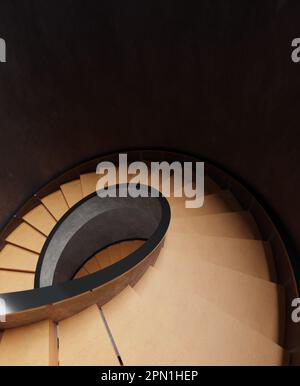 Draufsicht der Wendeltreppe, 3D-Rendering. Digitale Darstellung von gebogenen Holztreppen, die heruntergehen Stockfoto