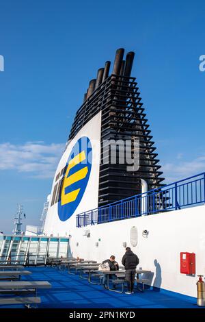 M/S Finlandia Kreuzfahrt Fährtrichter mit Eckerö Line Logo der Schifffahrtsgesellschaft auf der Seite Stockfoto