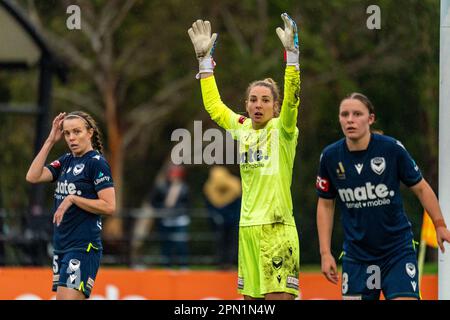 Cranbourne East, Australien. 15. April 2023 Casey Dumont, Torwart der Melbourne Victory, bereitet sich auf eine Ecke von Melbourne City vor. Kredit: James Forrester/Alamy Live News Stockfoto