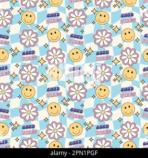 Gute Vibes Emoji. Blumenmuster, Glitzerndes Smiley-Muster Stock Vektor