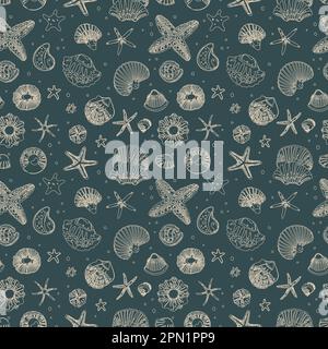 Grünes nahtloses Muster mit weißen Muscheln Stock Vektor