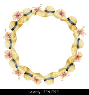 Handgezeichneter, wassergelber Sonnenhut mit breitem Stroh und Hibiskusblume. Kranzrahmen. Isoliert auf weißem Hintergrund. Wandgestaltung, Hochzeit Stockfoto