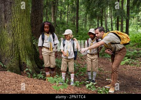 Panoramablick auf eine vielfältige Gruppe von Spähern, die die Natur während eines Feldausflugs im Wald erkunden Stockfoto