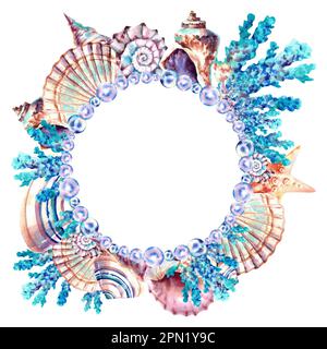 Ein Kranz aus Meerestieren, Muscheln, Korallen, Sternen. Aquarelldarstellung auf einem isolierten Hintergrund. Unterwasserwelt. Der Rahmen für die Nachricht Stockfoto