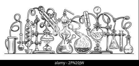 Chemischer Laborversuch. Laborkolben mit Reagenzgläsern verbunden. Schule, Wissenschaftskonzept. Doodle Illustration Stockfoto