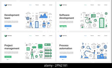 Entwicklung digitaler Projekte und Software, Prozessautomatisierung Vektordarstellung. Cartoon Tiny People entwickeln und testen die Architektur mobiler Apps und Programme mit Open Source, Tools und Robotern Stock Vektor