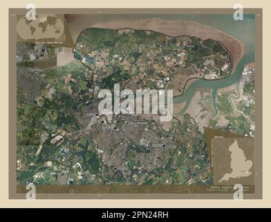 Medway, Einheit von England - Großbritannien. Hochauflösende Satellitenkarte. Standorte und Namen der wichtigsten Städte der Region. Ecken-Hilfsaggregat Stockfoto