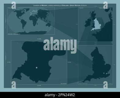 Medway, Einheit von England - Großbritannien. Diagramm, das die Position der Region auf Karten mit größerem Maßstab zeigt. Zusammensetzung von Vektorrahmen an Stockfoto