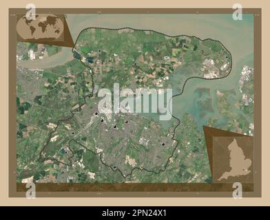 Medway, Einheit von England - Großbritannien. Satellitenkarte mit niedriger Auflösung. Standorte der wichtigsten Städte der Region. Lage der Zusatzgeräte an der Ecke Stockfoto