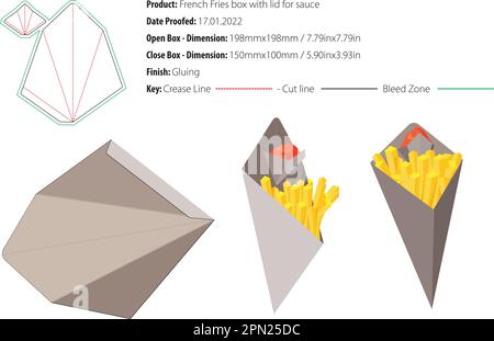 Pommes Frites Box mit Deckel für Sauce Packaging Vorlage selbstverriegelnd, klebt gestanzten Vektor Stock Vektor