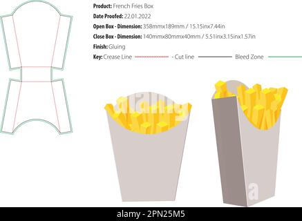 Verpackungsvorlage für Pommes Frites, verkleben des Vektors mit Stanzung Stock Vektor