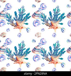 Nahtlose Muster von Korallen, Seestern, Muscheln, Blasen. Aquarelldarstellung. Bewohner der Meere und Ozeane Stockfoto