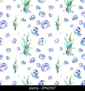 Ein Muster aus Algen und Blasen. Aquarelldarstellung. Collage. Bewohner des Meeres Stockfoto