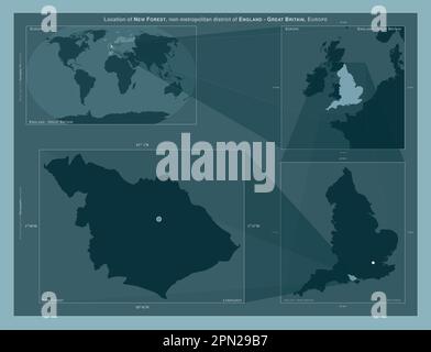 New Forest, nicht städtischer Bezirk von England - Großbritannien. Diagramm, das die Position der Region auf Karten mit größerem Maßstab zeigt. Zusammensetzung des Vect Stockfoto