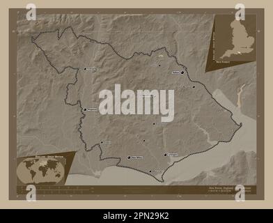 New Forest, nicht städtischer Bezirk von England - Großbritannien. Höhenplan in Sepia-Tönen mit Seen und Flüssen. Standorte und Namen von m Stockfoto