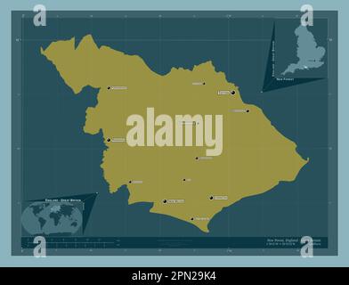 New Forest, nicht städtischer Bezirk von England - Großbritannien. Durchgehende Farbform. Standorte und Namen der wichtigsten Städte der Region. Ecken-Hilfsaggregat Stockfoto