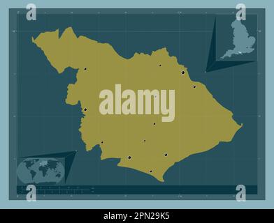 New Forest, nicht städtischer Bezirk von England - Großbritannien. Durchgehende Farbform. Standorte der wichtigsten Städte der Region. Zusätzliche Lage in der Ecke Stockfoto