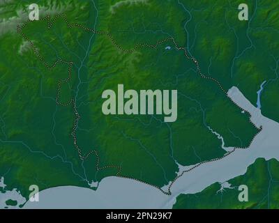 New Forest, nicht städtischer Bezirk von England - Großbritannien. Farbige Höhenkarte mit Seen und Flüssen Stockfoto