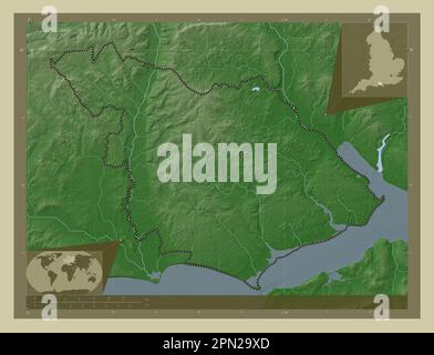 New Forest, nicht städtischer Bezirk von England - Großbritannien. Höhenkarte im Wiki-Stil mit Seen und Flüssen. Lage der Zusatzgeräte an der Ecke Stockfoto