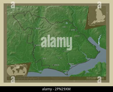 New Forest, nicht städtischer Bezirk von England - Großbritannien. Höhenkarte im Wiki-Stil mit Seen und Flüssen. Standorte und Namen von ma Stockfoto