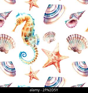 Nahtloses Muster mit dem Bild von Meerestieren. Eine Zusammensetzung aus Muscheln, Schlittschuhen und Sternen. Aquarelldarstellung auf einem isolierten Hintergrund. Unter Stockfoto