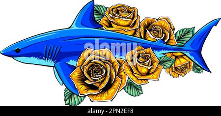 Handgezeichnete Illustration mit Hai, Pfingstrosen, Blumen. Stock Vektor