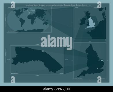 Nord-Norfolk, nicht-Metropolregion von England - Großbritannien. Diagramm, das die Position der Region auf Karten mit größerem Maßstab zeigt. Zusammensetzung von V Stockfoto