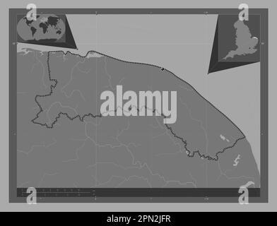 Nord-Norfolk, nicht-Metropolregion von England - Großbritannien. Bilevel-Höhenkarte mit Seen und Flüssen. Eckkarten für zusätzliche Standorte Stockfoto