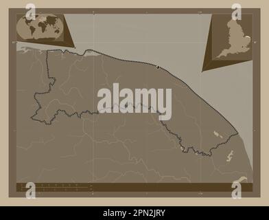 Nord-Norfolk, nicht-Metropolregion von England - Großbritannien. Höhenplan in Sepia-Tönen mit Seen und Flüssen. Ecke Zusatzanschluss Stockfoto