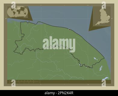 Nord-Norfolk, nicht-Metropolregion von England - Großbritannien. Höhenkarte im Wiki-Stil mit Seen und Flüssen. Ecke Zusatzposition Stockfoto