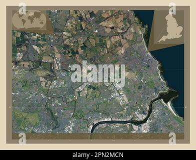Nord-Tyneside, Verwaltungsbezirk England - Großbritannien. Hochauflösende Satellitenkarte. Standorte der wichtigsten Städte der Region. Ecken-auxil Stockfoto