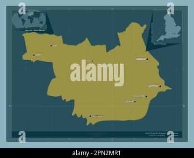Nord-Tyneside, Verwaltungsbezirk England - Großbritannien. Durchgehende Farbform. Standorte und Namen der wichtigsten Städte der Region. Ecken-Hilfsaggregat Stockfoto