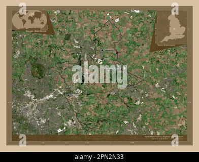 North Warwickshire, nicht-Metropolitan District of England - Großbritannien. Satellitenkarte mit niedriger Auflösung. Standorte und Namen der wichtigsten Städte der Reg Stockfoto