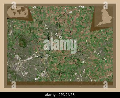 North Warwickshire, nicht-Metropolitan District of England - Großbritannien. Satellitenkarte mit niedriger Auflösung. Standorte der wichtigsten Städte der Region. Corne Stockfoto